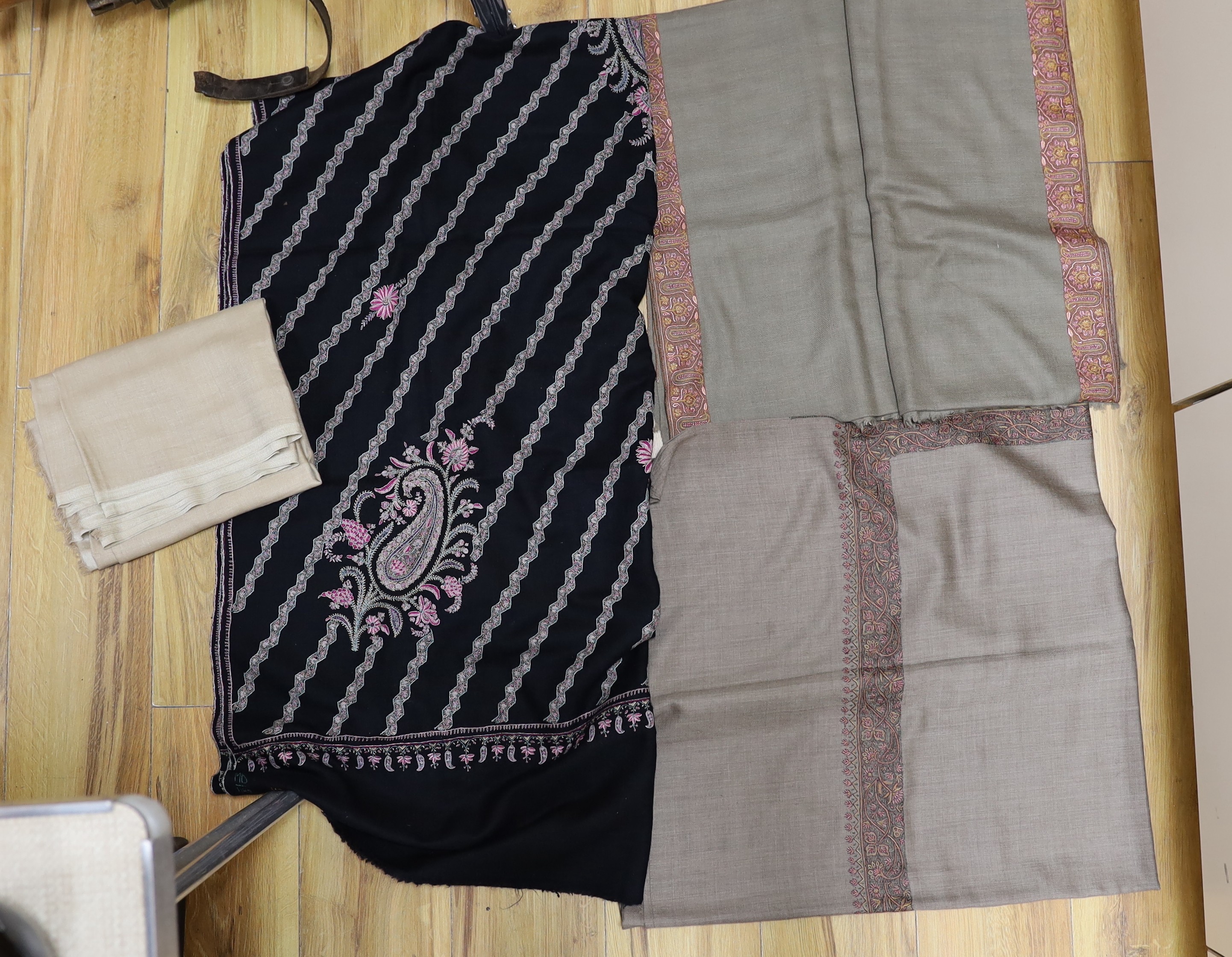 Four Indian wool and cashmere shawls, three silk embroidered